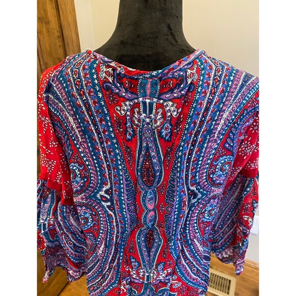 Bila Red Blue Paisley Boho Peasant Lacey Size Large Colorful Sheer Casual Top - Picture 7 of 12